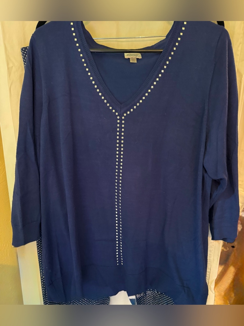 Avenue  Navy V-Neck Stud-Trim Knit Top